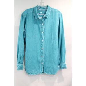 Tommy Bahama Linen Sea Glass Breezer Top Womens size L Blue Button Up Logo